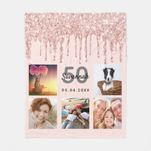 Birthday photo collage rose gold glitter pink fleece blanket
