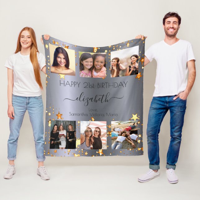 Birthday photo collage silver gold best friends fleece blanket (In Situ)