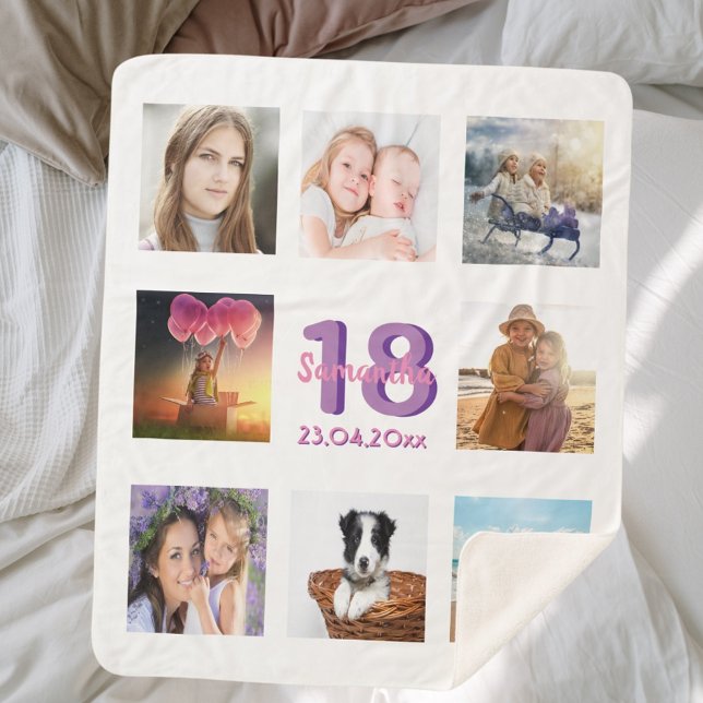 Birthday photo collage white purple name sherpa blanket (Creator Uploaded)