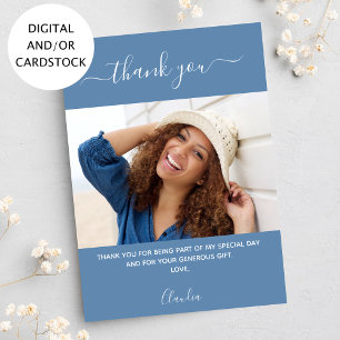 Birthday photo dusty blue thank you card