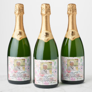 Birthday photo floral pink fun facts bio woman sparkling wine label