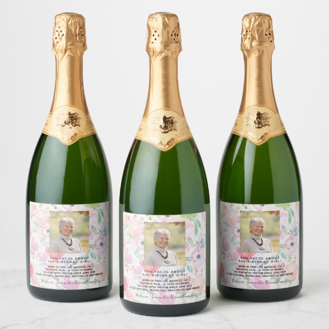 Birthday photo floral pink fun facts bio woman sparkling wine label (Bottles)