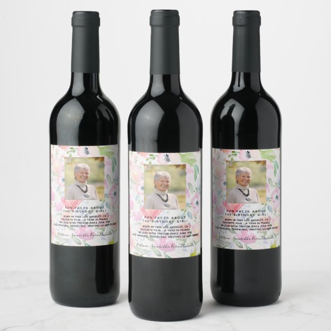 Birthday photo floral pink fun facts bio woman wine label (Bottles)