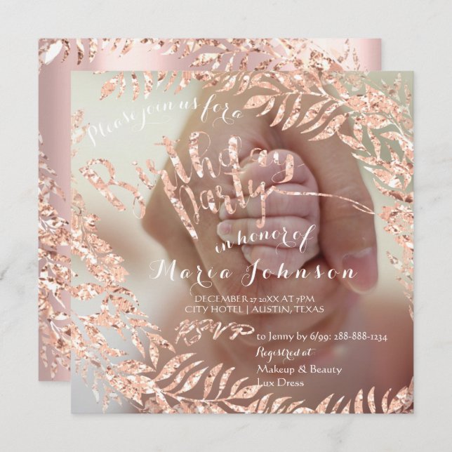 Birthday Photo Framed Rose Pink Gold Royal Invitation (Front/Back)