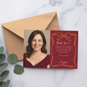 Birthday photo hand-written bow burgundy thank you card