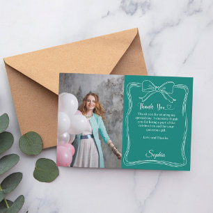 Birthday photo hand-written bow green thank you card