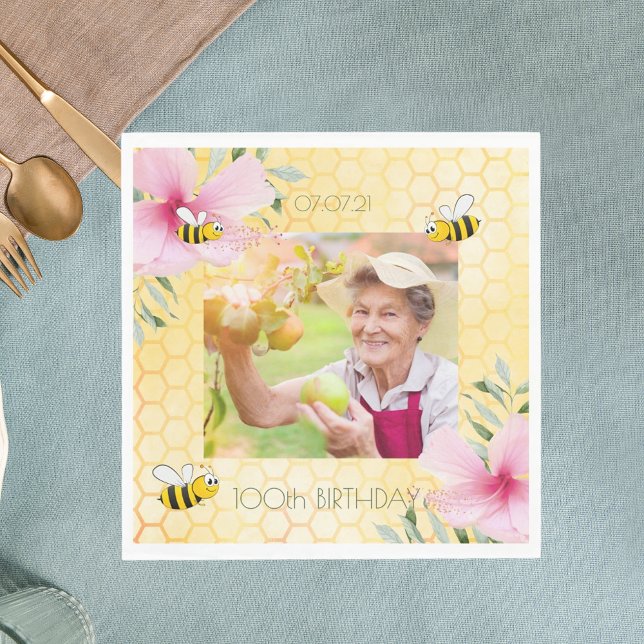 Birthday photo Happy bumble bees honeycomb Napkin (Creator Uploaded)