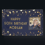 Birthday Photo Navy Blue Gold Stars Banner<br><div class="desc">Create your own personalised, custom colour birthday banner sign featuring one photo, your custom text in your choice of font styles and colour (the sample shows HAPPY # BIRTHDAY NAME in gold) accented with gold stars against an editable navy blue background colour you can change to coordinate with party theme...</div>