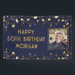 Birthday Photo Navy Blue Gold Stars Banner<br><div class="desc">Create your own personalised, custom colour birthday banner sign featuring one photo, your custom text in your choice of font styles and colour (the sample shows HAPPY # BIRTHDAY NAME in gold) accented with gold stars against an editable navy blue background colour you can change to coordinate with party theme...</div>