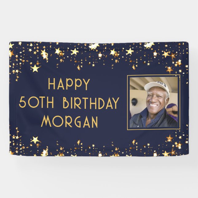 Birthday Photo Navy Blue Gold Stars Banner (Horizontal)
