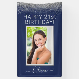 Birthday Photo Navy Blue Silver Glitter Girly Banner