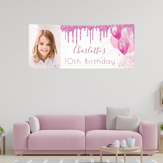 Birthday photo pink glitter white monogram girl banner (Creator Uploaded)