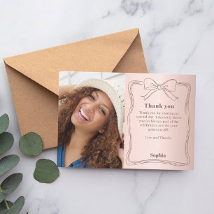 Birthday photo rose gold bow  thank you card