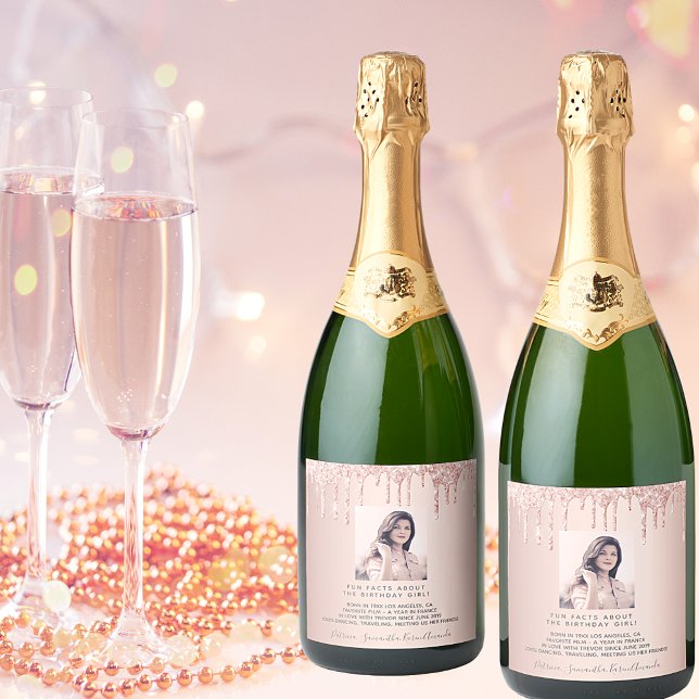 Birthday photo rose gold fun facts bio sparkling wine label (Creator Uploaded)