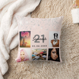 Birthday photo rose gold glitter blush pink silver cushion