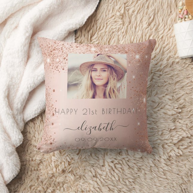 Birthday photo rose gold glitter dust name cushion (Blanket)
