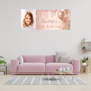 Birthday photo rose gold glitter monogram banner