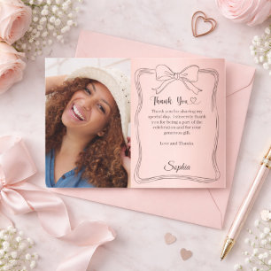 Birthday photo rose gold hand-written bow thank you card