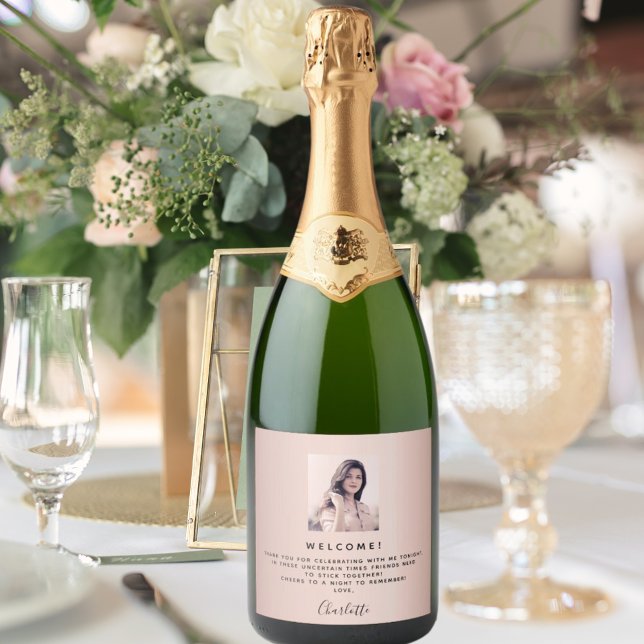 Birthday photo rose gold pink welcome favour sparkling wine label (Creator Uploaded)