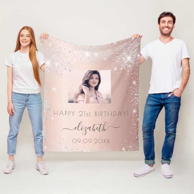 Birthday photo rose gold silver glitter dust name fleece blanket (In Situ)