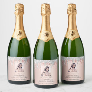 Birthday photo silver pink drips facts bio sparkling wine label