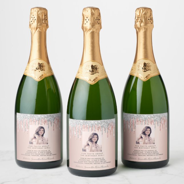 Birthday photo silver pink drips facts bio sparkling wine label (Bottles)