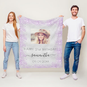 Birthday photo silver purple glitter dust monogram fleece blanket