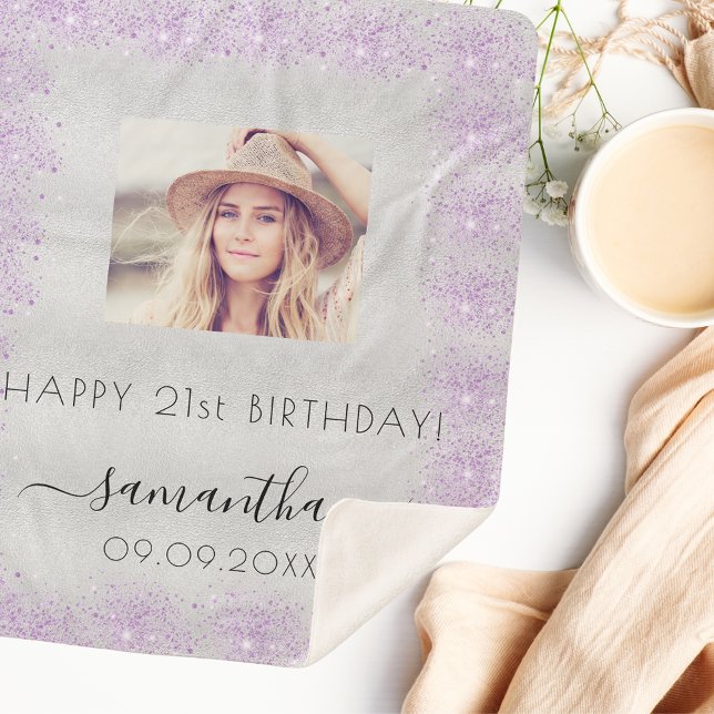 Birthday photo silver purple glitter monogram sherpa blanket (Creator Uploaded)