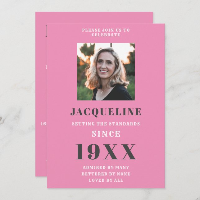 Birthday Photo Template Elegant Chic Pink Grey (Front/Back)