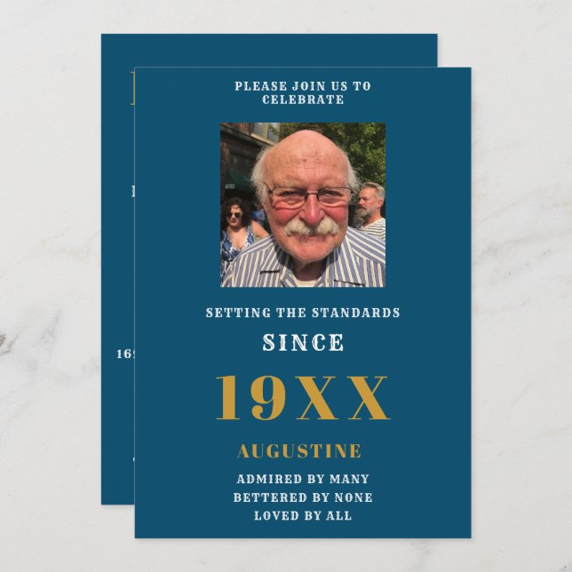 Birthday Photo Template Name Elegant Blue Gold (Front/Back)