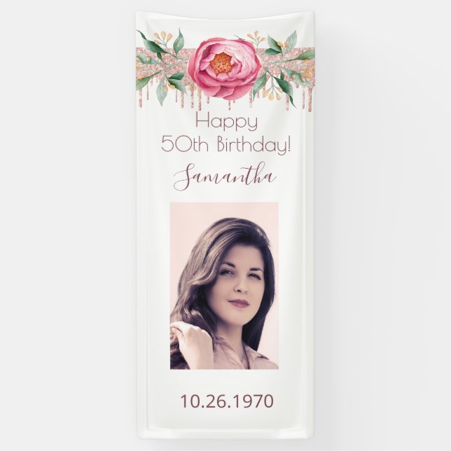 Birthday photo white rose gold glitter floral banner (Vertical)