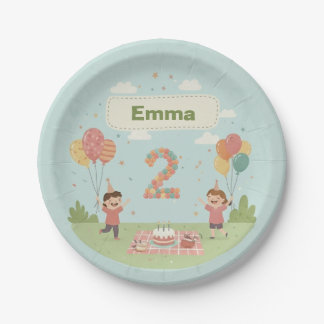 Birthday Picnic, Cute Retro Style, Age 2 Paper Plate