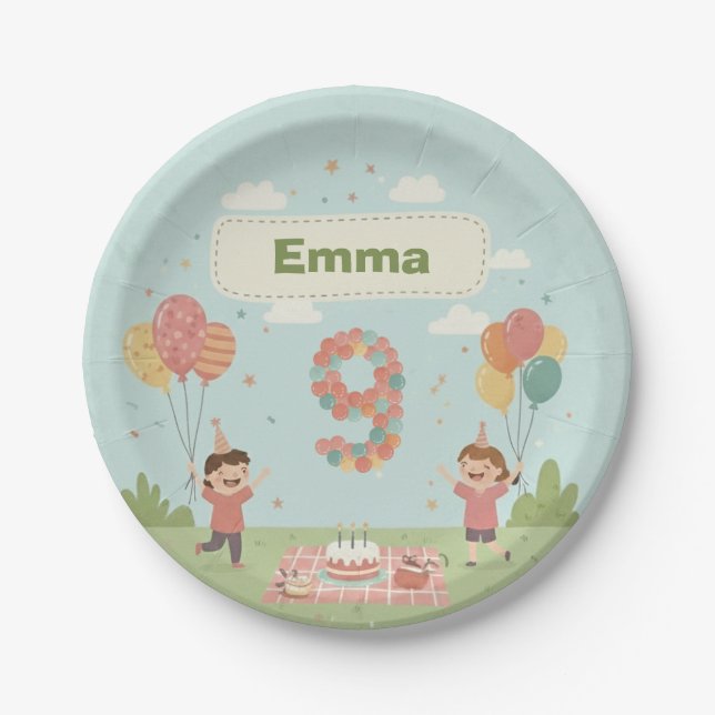Birthday Picnic, Cute Retro Style Paper Plate (Front)