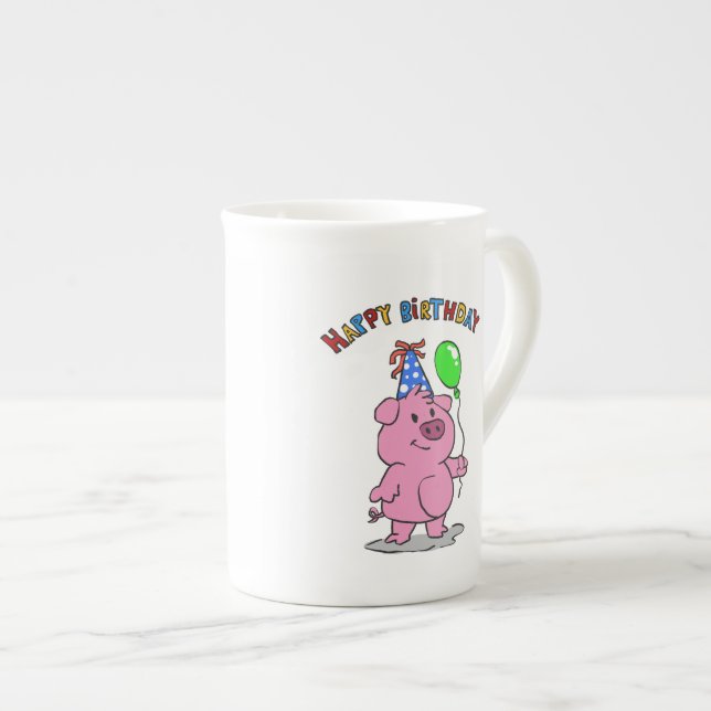 Birthday Pig cartoon | choose background colour Bone China Mug (Front Right)