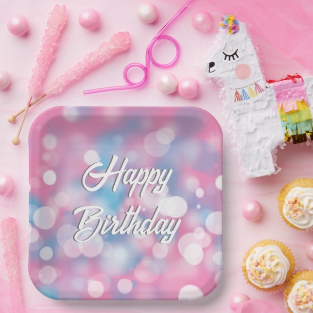 Birthday Pink and Aqua Bokeh Party Lights Paper Plate (Party)
