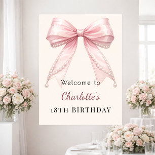 Birthday pink bow cream ivory pearls welcome poster