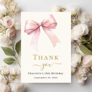 Birthday pink bow cream thank you card