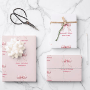 Birthday pink bow white girl wrapping paper sheet