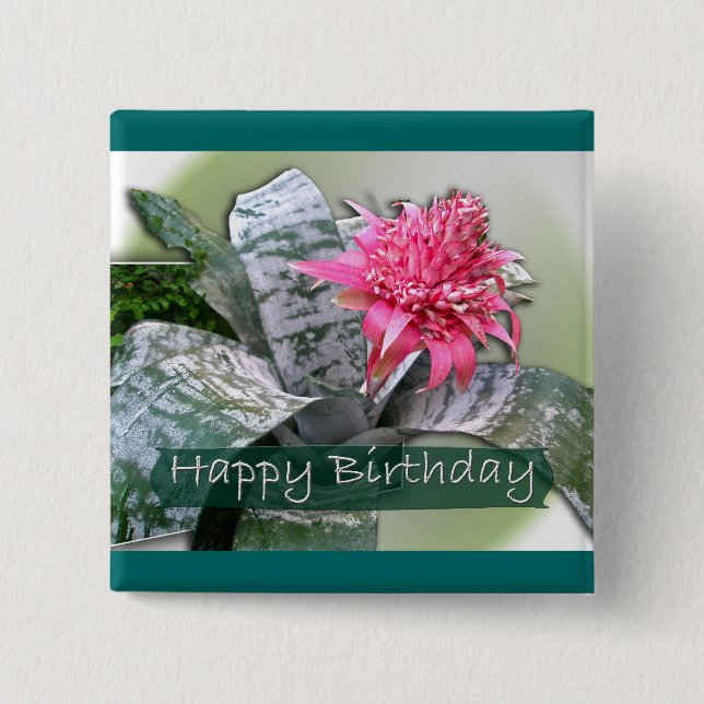 Birthday Pink Bromeliad 15 Cm Square Badge (Front)