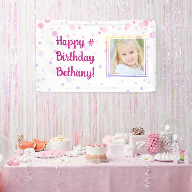 Birthday Pink Confetti Dots Photo Personalised Banner (Party)