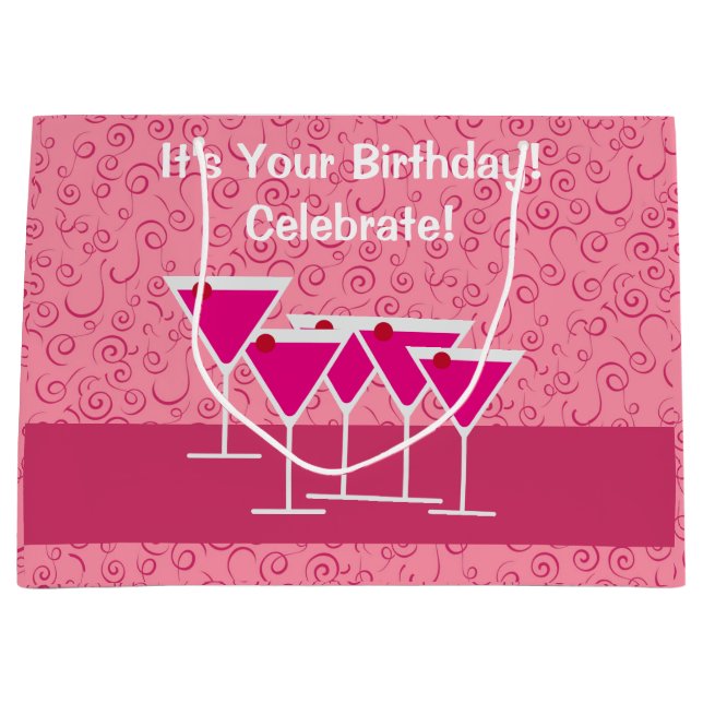 Birthday Pink Cosmo Martini Alcohol Custom Event  Large Gift Bag (Front)