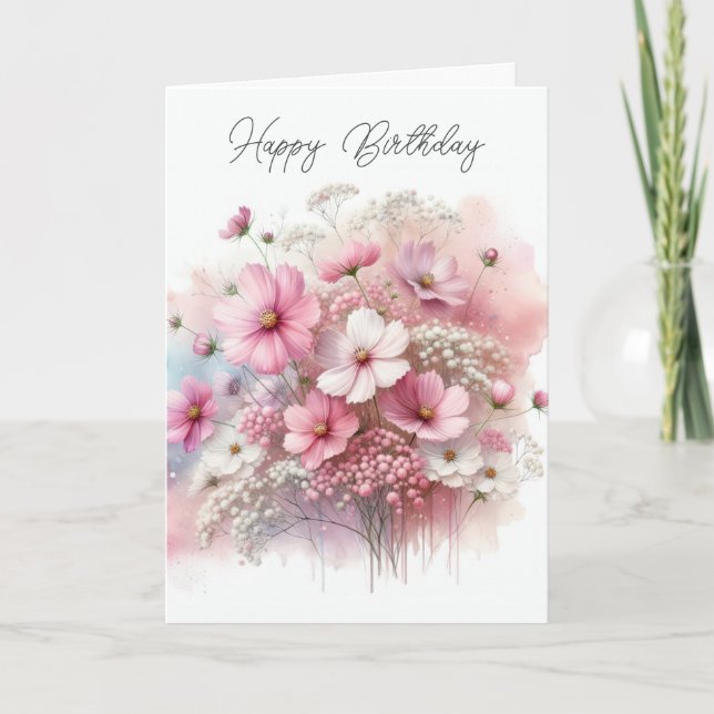 Birthday Pink Cosmos Bouquet Card (Front)