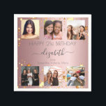 Birthday pink custom photo collage friends  napkin<br><div class="desc">For a woman's 21st (or any age) birthday, celebrating her life with a collage of 6 of your high quality photos of her, her friends, family, interest or pets. Personalise and add her name, age 21 and your names. Grey text. A girly and feminine pink, dusty rose background colour. Her...</div>
