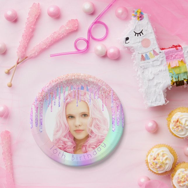 Birthday pink drips photo holographic paper plate (Party)