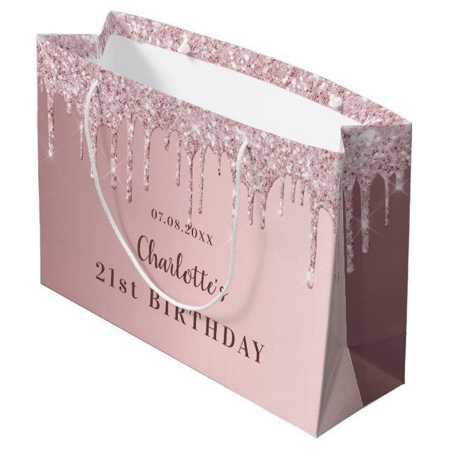 Birthday pink dusty rose glitter drips monogram large gift bag (Back Angled)