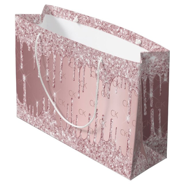 Birthday pink dusty rose glitter drips monogram large gift bag (Back Angled)
