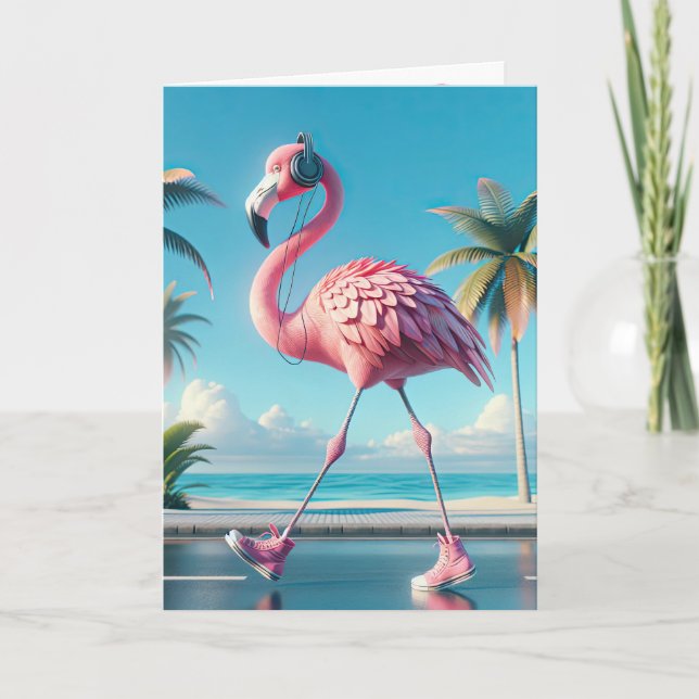 Birthday Pink Flamingo Wearing Sneakers Card (Front)