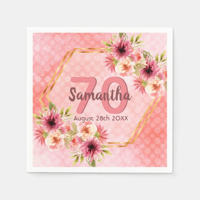Birthday pink florals gold geometric name napkin (Front)