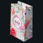 Birthday pink florals monogram small gift bag<br><div class="desc">Summer and garden themed design, bohemian, boho style for a 60th birthday. Soft, feminine watercolored flowers in pink and peach colours with green leaves on a white background. A white and pink frame with templates for name, age 60 and date. (date of birth or date of the anniversary) Purple and...</div>
