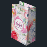 Birthday pink florals monogram small gift bag<br><div class="desc">Summer and garden themed design, bohemian, boho style for a 60th birthday. Soft, feminine watercolored flowers in pink and peach colours with green leaves on a white background. A white and pink frame with templates for name, age 60 and date. (date of birth or date of the anniversary) Purple and...</div>